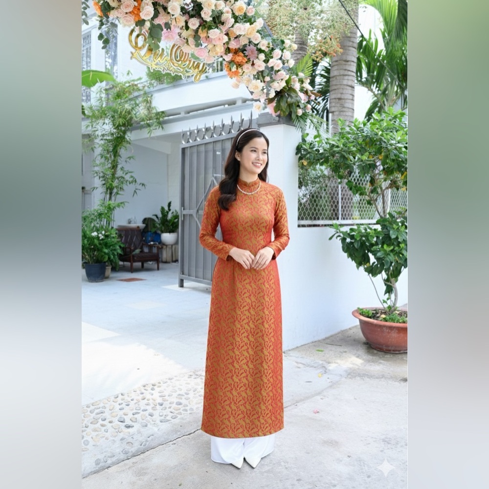 Elegant Orange Patterned vietnamese áo dài